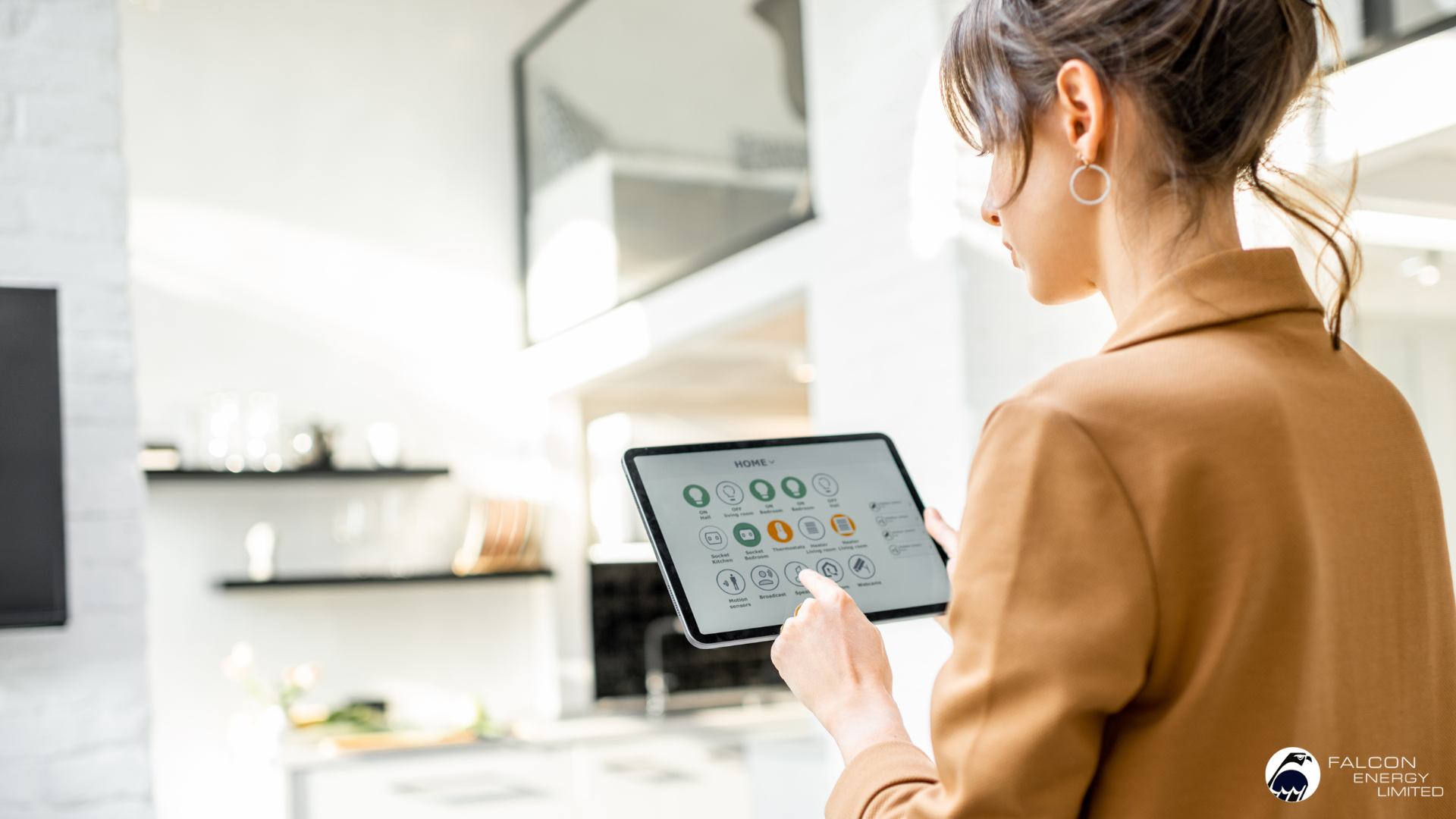 woman using a tablet for her smart home