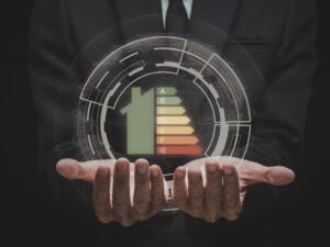 home energy efficiency rating graphic projecting from hands